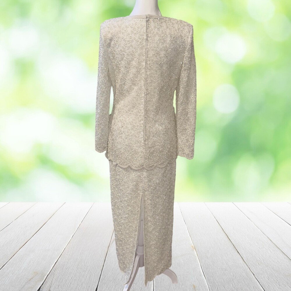 Vintage 80s LAURENCE KAZAR Hand Beaded Lace Maxi Sheath Gown White Size S Bridal - Picture 4 of 16